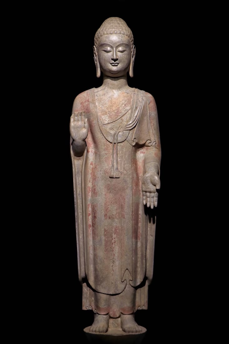 An Exquisite Limestone Painted Color Statue of Sakyamuni: An Exquisite Limestone Painted Color Statue of Sakyamuni N.Qi , China Size:127cm (The Dimensions Of All Batches Are Manually Measured.If You Need More Detailed Information, Please Contact Our