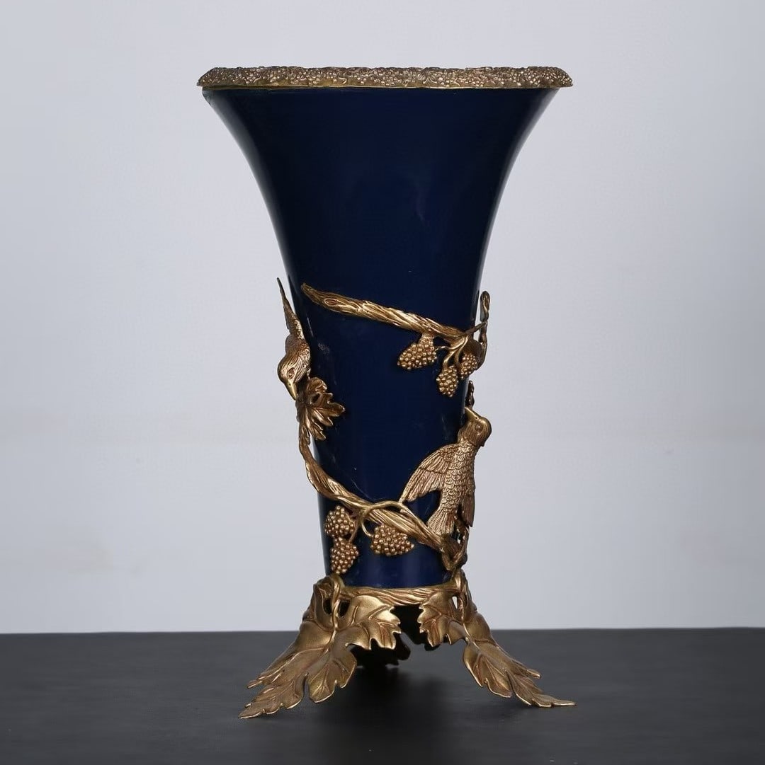An Exquisite Ji Blue Glazed Inlaid Bronze Flower and Bird Pattern Vase (1 of 9)