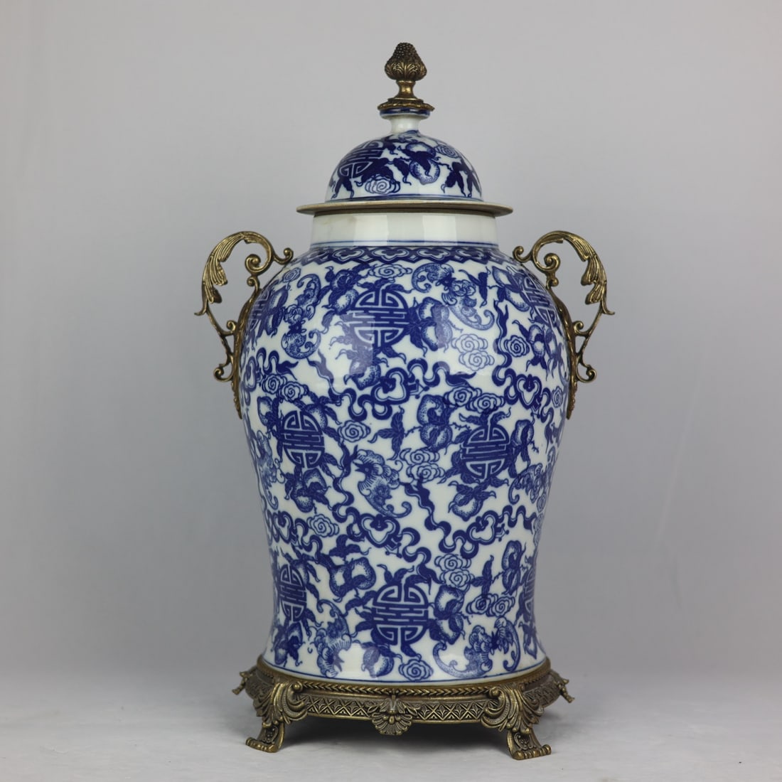 An Exquisite Blue and White Inlaid Bronze Bats and Peach Pattern Double-Ears Jar (1 of 8)