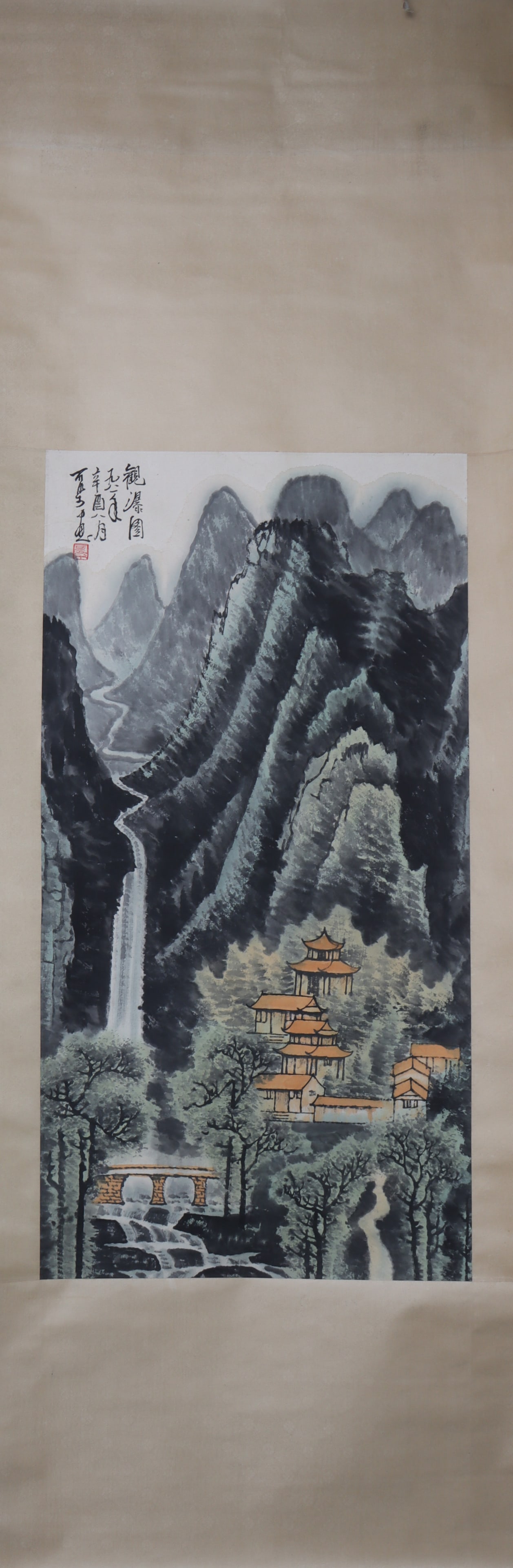 A Chinese Vertical Scroll Ink Painting of Landscape on Paper (1 of 5)