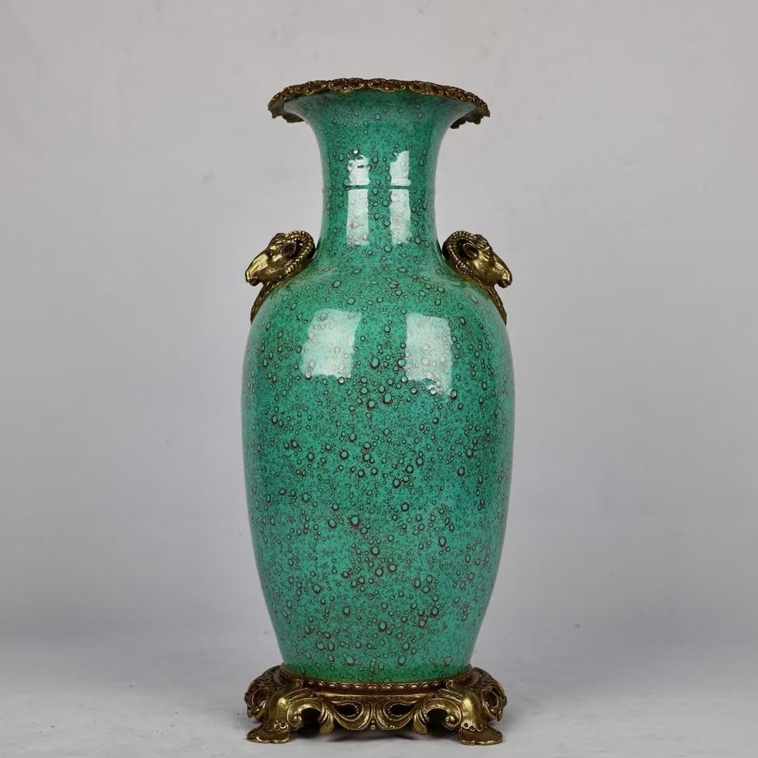 An Exquisite Robin's-Egg-Glazed Inlaid Bronze Double-Ears Vase (1 of 8)