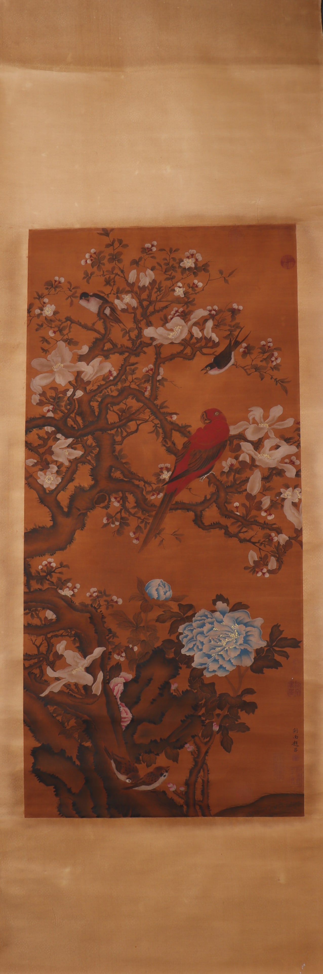 A Chinese Vertical Scroll Ink Painting of Flower and Bird on Silk (1 of 7)