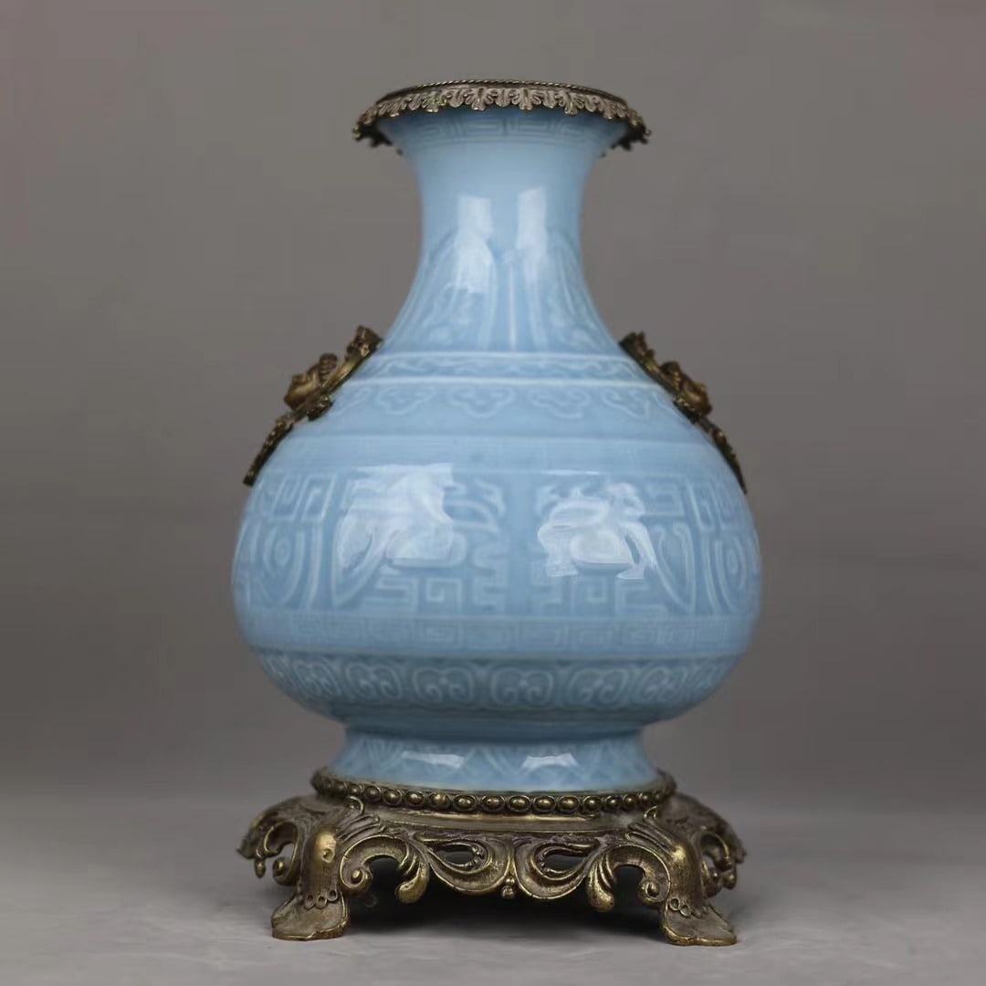 An Exquisite Sky Blue Glazed Inlaid Bronze Double-Ears Vase (1 of 9)