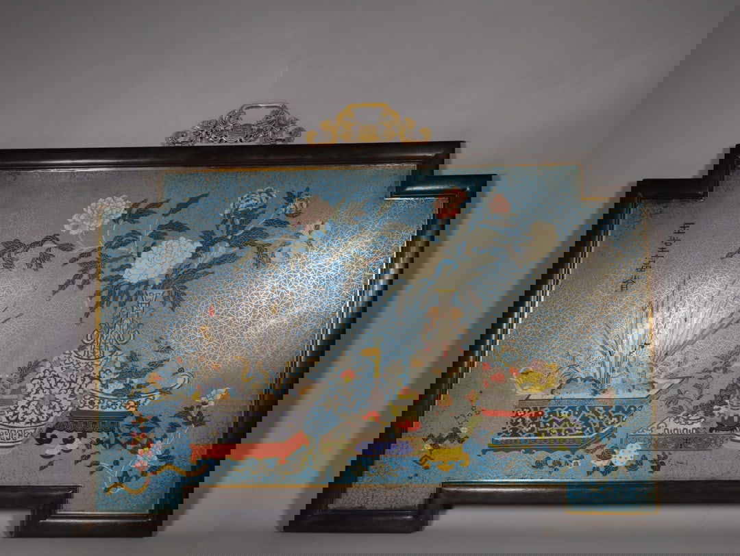 An Exquisite Zitanwood Inlaid Cloisonne Painted Gold Flower Pattern Hanging Panel (1 of 9)