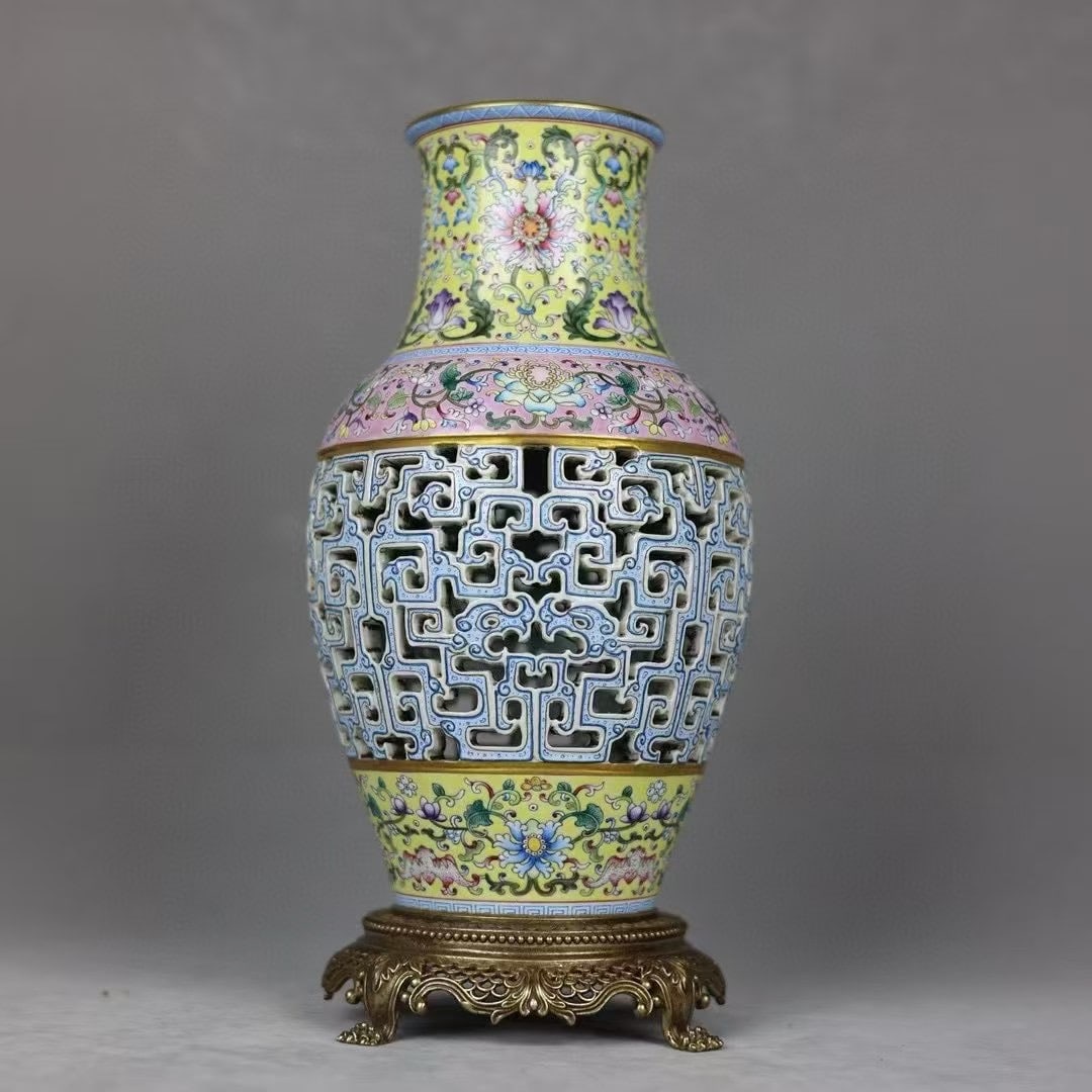 An Exquisite Famille-Rose Inlaid Bronze Lotus Pattern Vase (1 of 9)