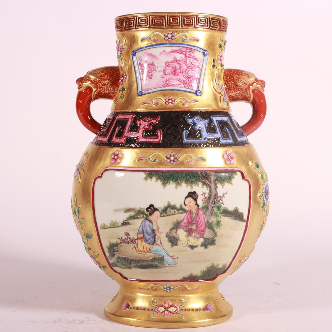 An Exquisite Enamel Landscape and Figure Pattern Dragon Pattern Flower and Butterfly Pattern: An Exquisite Enamel Landscape and Figure Pattern Dragon Pattern Flower and Butterfly Pattern Double-Ears Vase Qing Dynasty, China Qianlong Six-character Mark Size:25cmx16cm (The Dimensions Of All