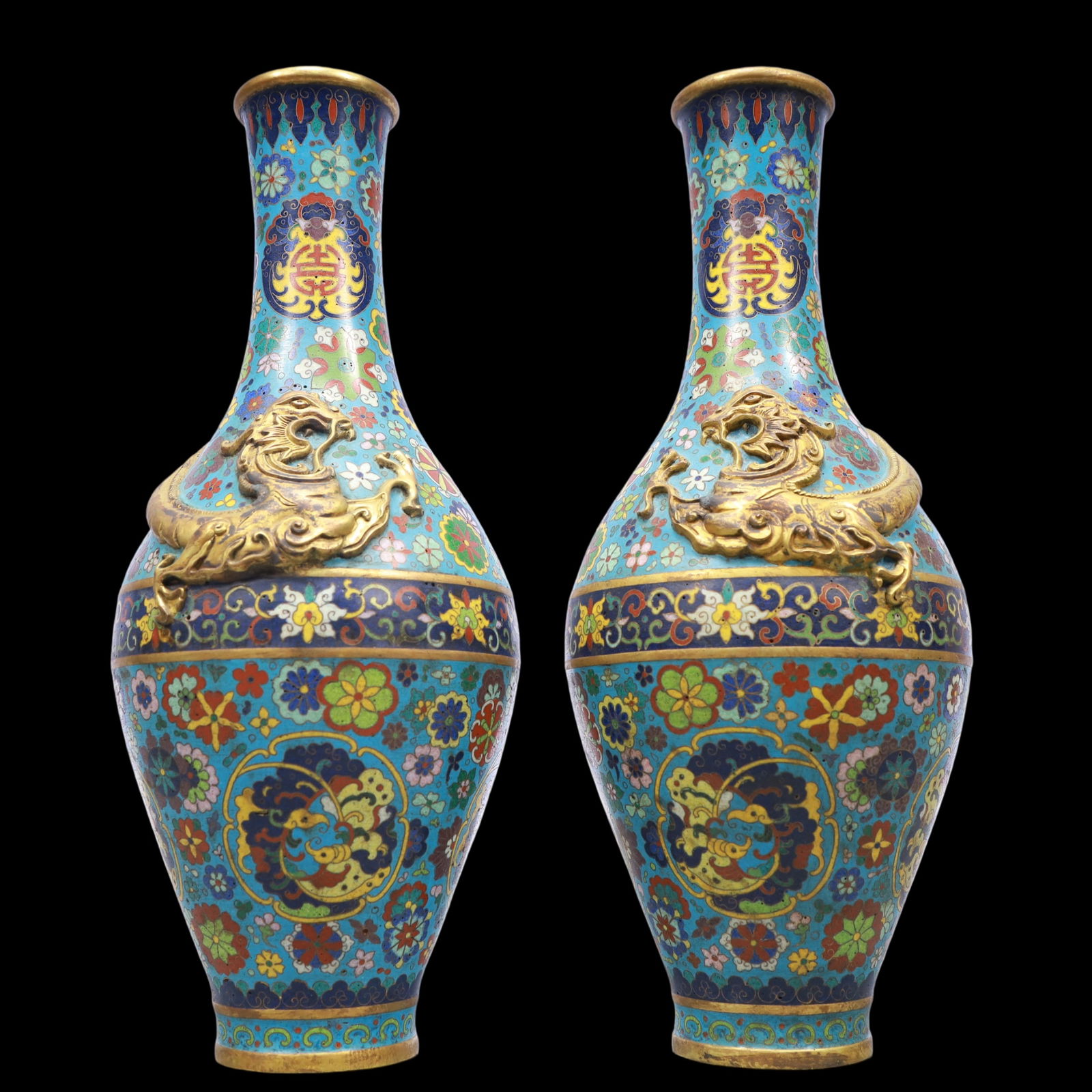 A Exquisite A pair of Cloisonne Lotus Pattern Dragon Pattern Bats and Peach Pattern Vase (1 of 13)