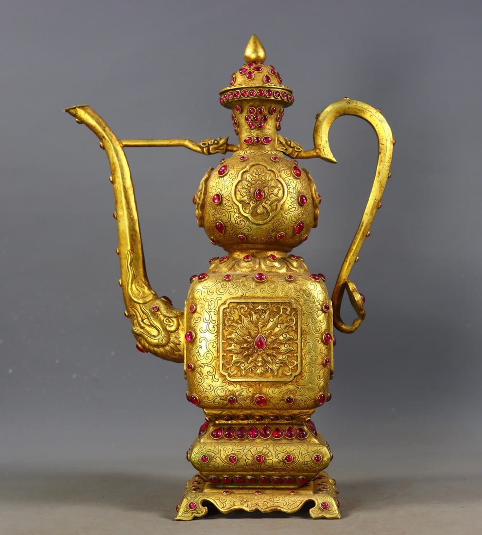An Exquisite Gilt Bronze Inlaid Gems Ewer (1 of 9)