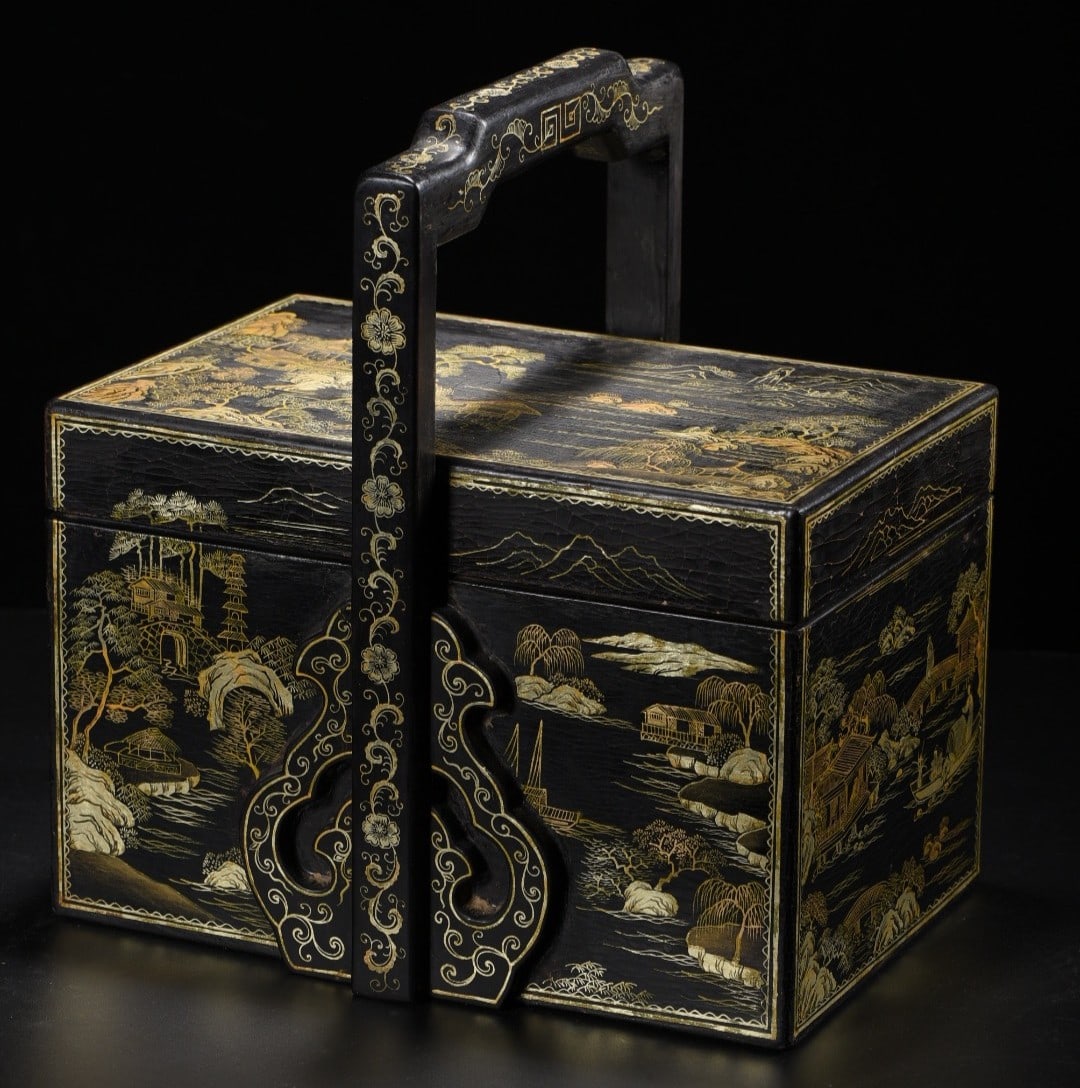 An Exquisite Black Lacquer Painted Gold Landscape Pattern Box (1 of 9)