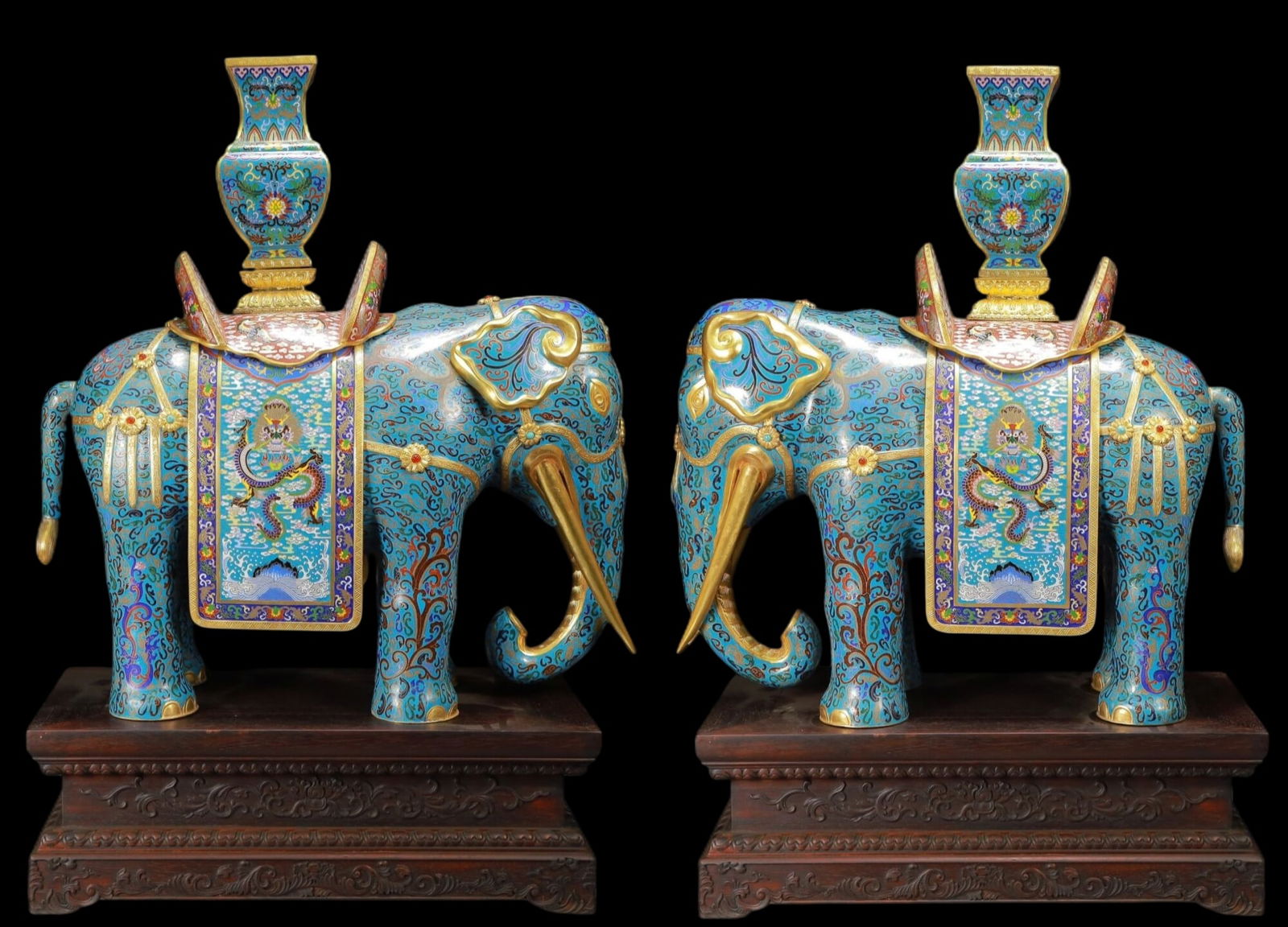 A Exquisite A pair of Cloisonne Lotus Pattern Dragon Pattern Elephant Ornament: A Exquisite A pair of Cloisonne Lotus Pattern Dragon Pattern Elephant Ornament Qing Dynasty, China Size:60cmx31cmx88cm Weight:51300g (The Dimensions Of All Batches Are Manually Measured.If You