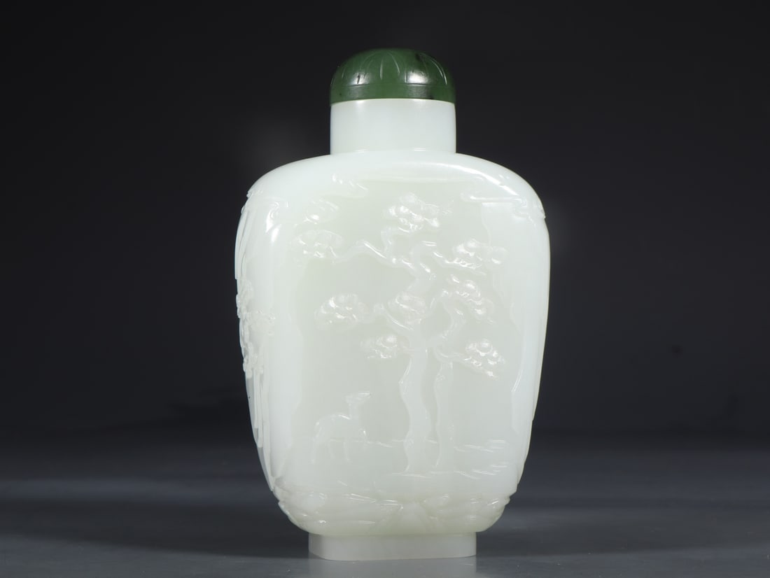 An Exquisite White Jade Inlaid Jasper Character and Story Pattern Snuff Bottle - 7