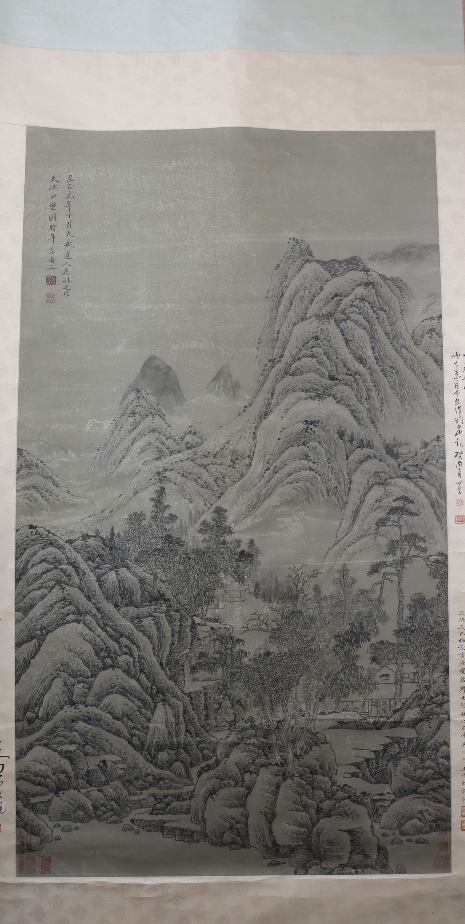 A Chinese Vertical Scroll Ink Painting of Landscape on Silk: A Chinese Vertical Scroll Ink Painting of Landscape on Silk Huang gongwang Size:150cmx85cm (The Dimensions Of All Batches Are Manually Measured.If You Need More Detailed Information, Please Contact Ou