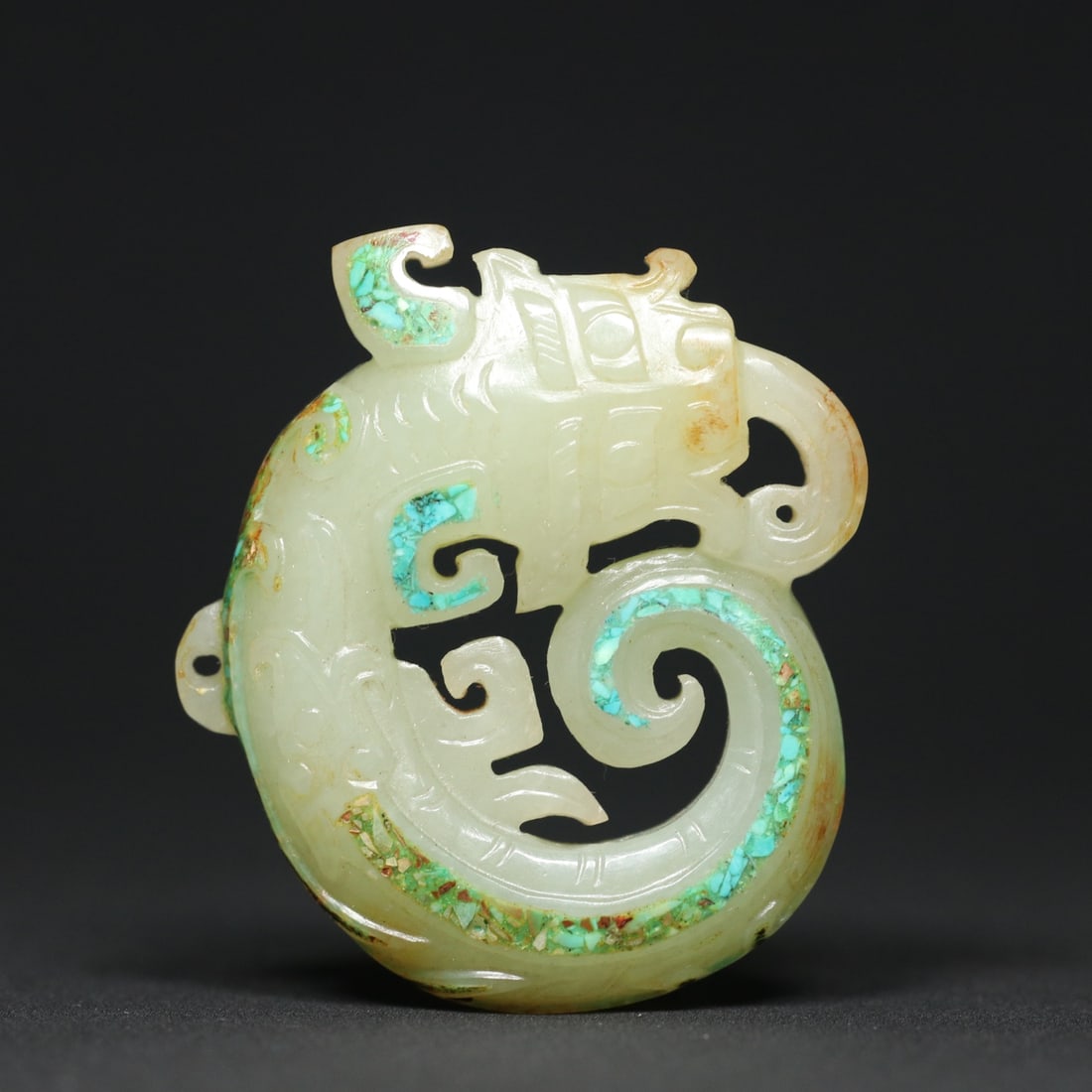An Exquisite White Jade Inlaid Turquoise With Inscription Dragon Pendant: An Exquisite White Jade Inlaid Turquoise With Inscription Dragon Pendant W.Zhou , China Size:5.7cmx5.1cmx1.5cm Weight:59.6g (The Dimensions Of All Batches Are Manually Measured.If You Need More Detail
