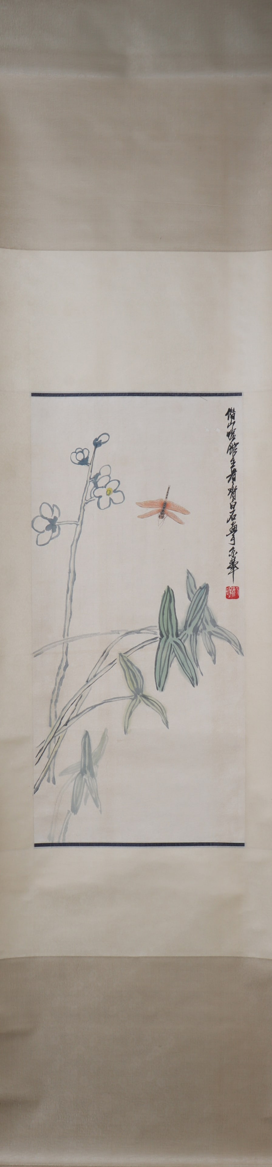 A Chinese Vertical Scroll Ink Painting of Flower on Paper: A Chinese Vertical Scroll Ink Painting of Flower on Paper Qi baishi Size:69cmx32cm (The Dimensions Of All Batches Are Manually Measured.If You Need More Detailed Information, Please Contact Our