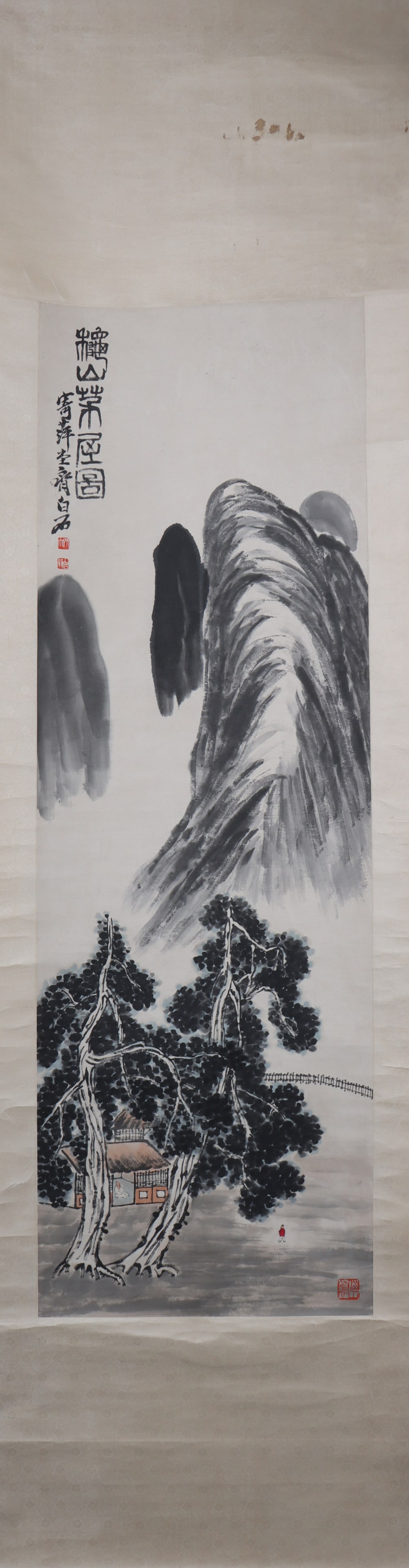 A Chinese Vertical Scroll Ink Painting of Landscape on Paper: A Chinese Vertical Scroll Ink Painting of Landscape on Paper Qi baishi Size:134cmx43cm (The Dimensions Of All Batches Are Manually Measured.If You Need More Detailed Information, Please Contact