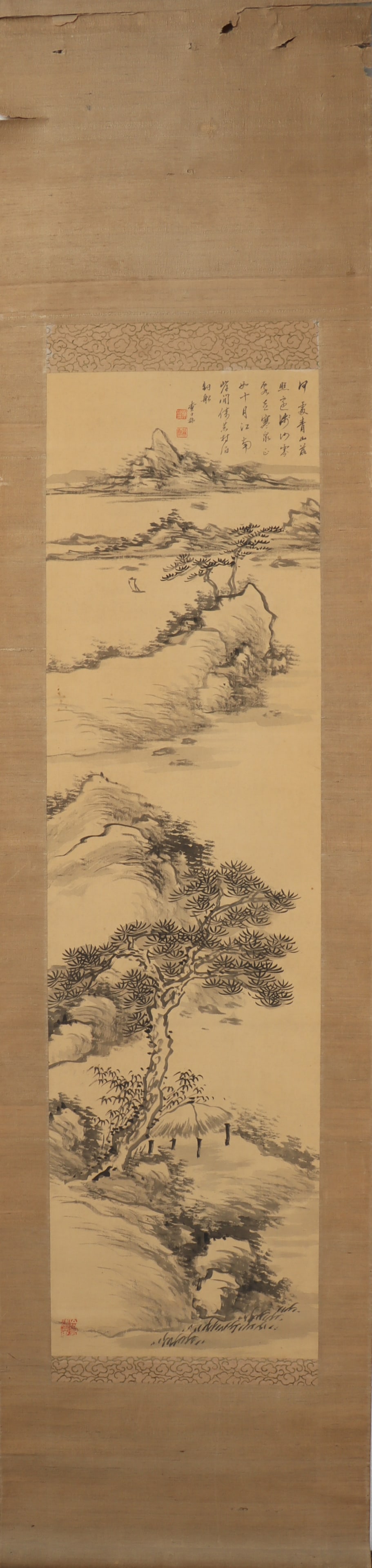 A Chinese Vertical Scroll Ink Painting of Landscape on Paper: A Chinese Vertical Scroll Ink Painting of Landscape on Paper Cha shibing Size:98cmx27cm (The Dimensions Of All Batches Are Manually Measured.If You Need More Detailed Information, Please Contact Our C