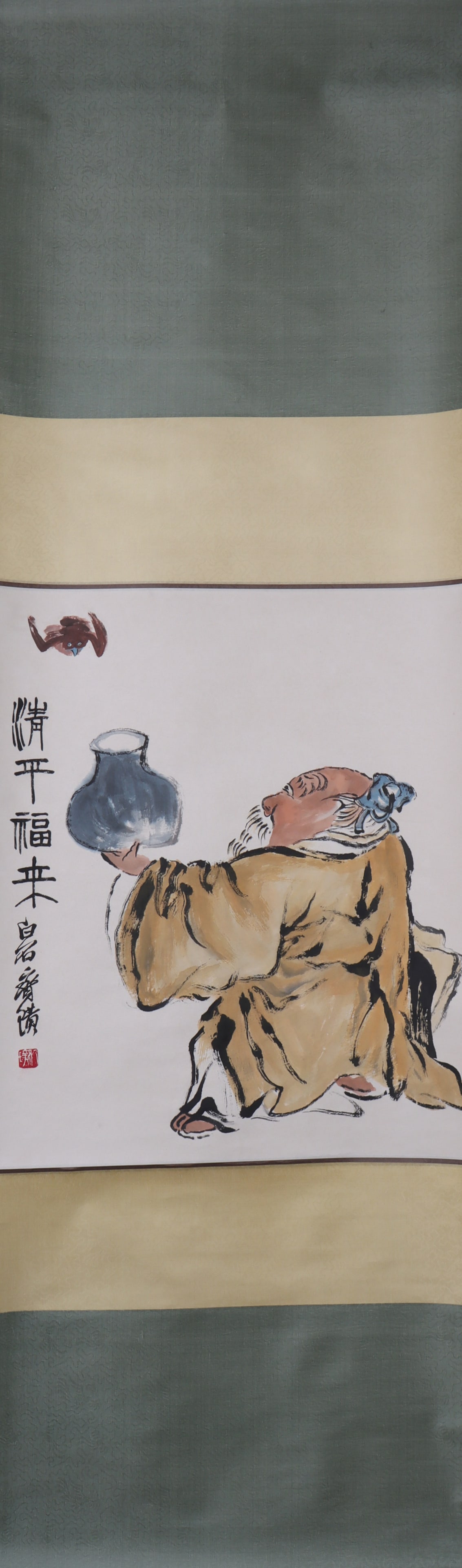 A Chinese Vertical Scroll Ink Painting of Character and Story on Paper: A Chinese Vertical Scroll Ink Painting of Character and Story on Paper Qi baishi Size:60cmx51cm (The Dimensions Of All Batches Are Manually Measured.If You Need More Detailed Information, Please Conta