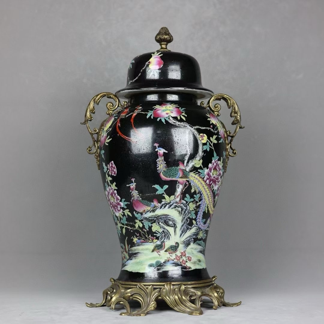 An Exquisite Famille-Rose Inlaid Bronze Flower and Bird Pattern Double-Ears Jar (1 of 9)