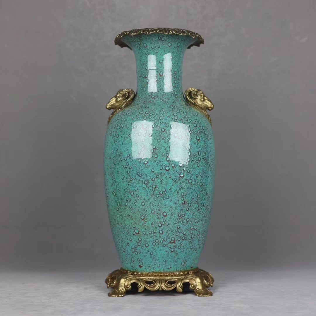 An Exquisite Robin's-Egg-Glazed Inlaid Bronze Double-Ears Vase (1 of 9)