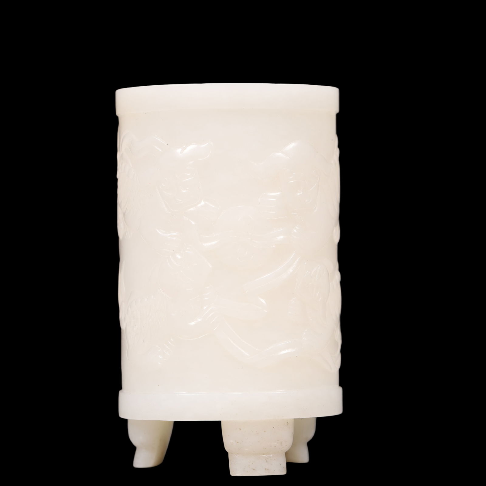 A Exquisite White Jade Lion Pattern Tripod Brush Pot (1 of 6)