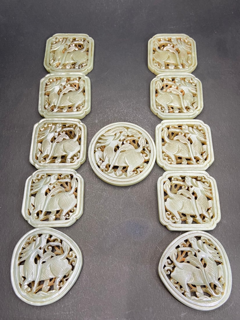A Set of Fine White Jade Auspicious Beast Pattern Ornament: A Set of Fine White Jade Auspicious Beast Pattern Ornament Ming Dynasty, China Size:49mmx49mmx6.2mm Weight:31g (The Dimensions Of All Batches Are Manually Measured.If You Need More Detailed