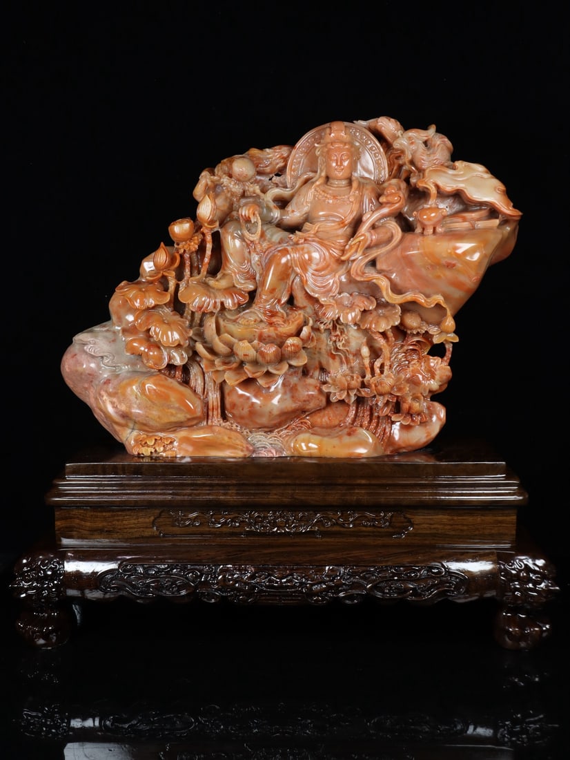 An Exquisite Shoushan Stone Statue of Avalokitesvara Ornament: An Exquisite Shoushan Stone Statue of Avalokitesvara Ornament Qing Dynasty, China Size:42cmx40cmx18cm Weight:7.88kg (The Dimensions Of All Batches Are Manually Measured.If You Need More Detailed