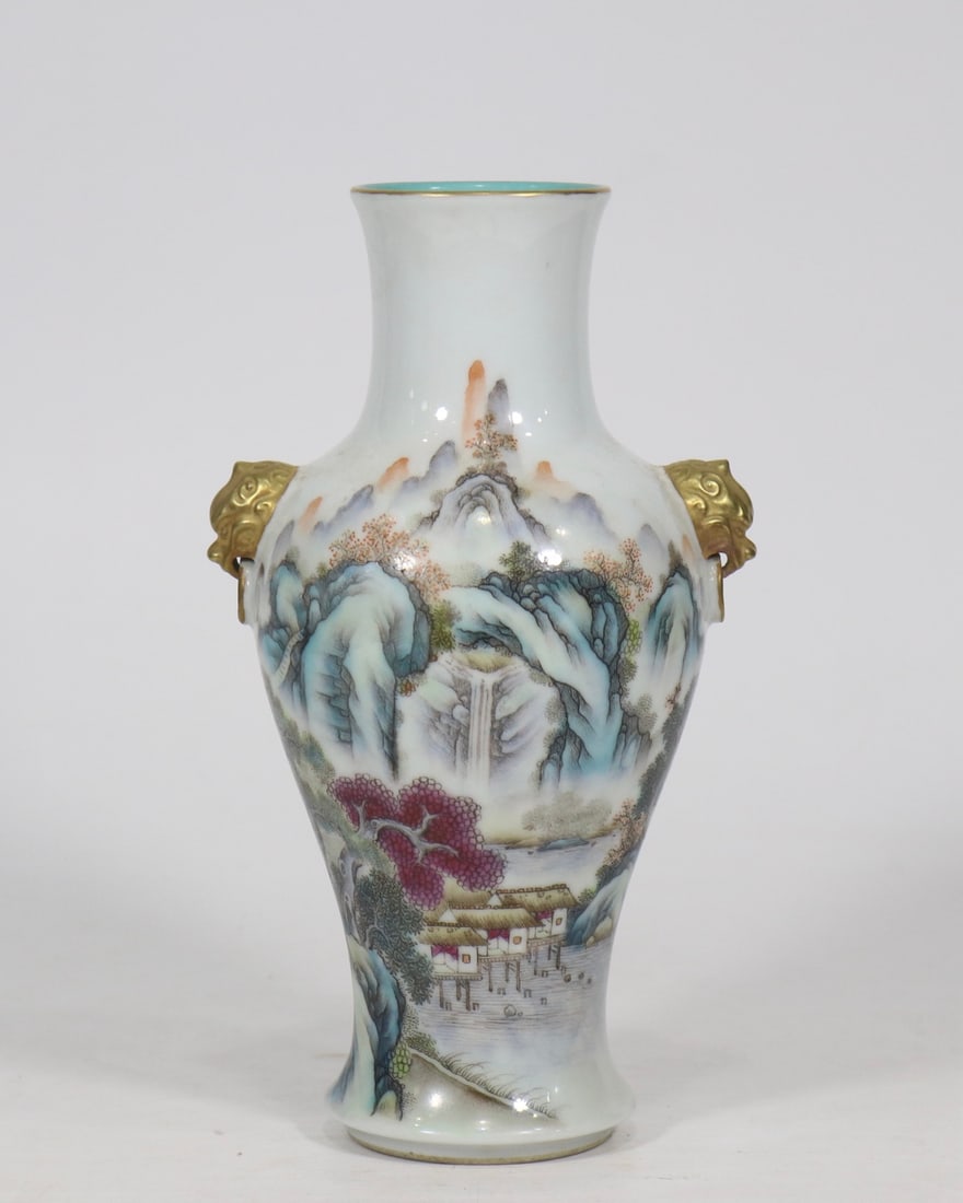 An Exquisite Famille-Rose Landscape Pattern with poem Double-Ears Vase (1 of 9)