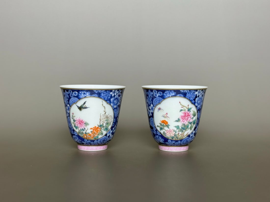 An Exquisite Famille-Rose Blue and White Flower and Bird Pattern Cup: An Exquisite Famille-Rose Blue and White Flower and Bird Pattern Cup Qing Dynasty, China Qianlong Six-character Mark Size:6.8cmx7cm (The Dimensions Of All Batches Are Manually Measured.If You Need
