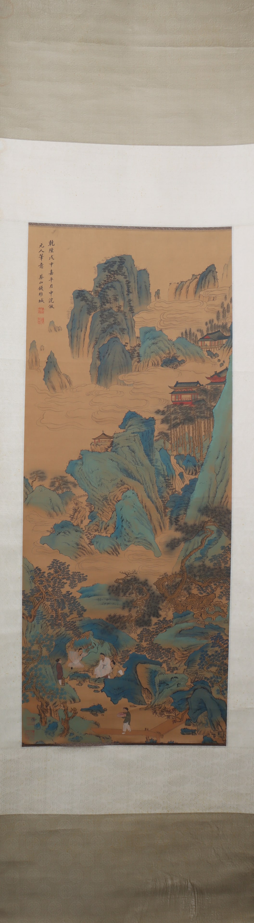 A Chinese Vertical Scroll Ink Painting of Landscape and Figure on Silk: A Chinese Vertical Scroll Ink Painting of Landscape and Figure on Silk Qian wei cheng Size:108cmx42cm (The Dimensions Of All Batches Are Manually Measured.If You Need More Detailed Information, Please