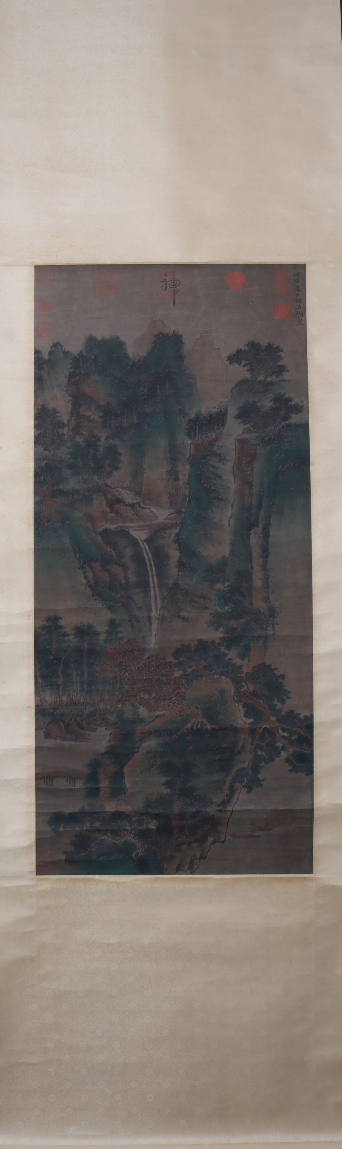 A Chinese Vertical Scroll Ink Painting of Landscape on Silk: A Chinese Vertical Scroll Ink Painting of Landscape on Silk Zhao boju Size:94cmx42cm (The Dimensions Of All Batches Are Manually Measured.If You Need More Detailed Information, Please Contact Our Cust