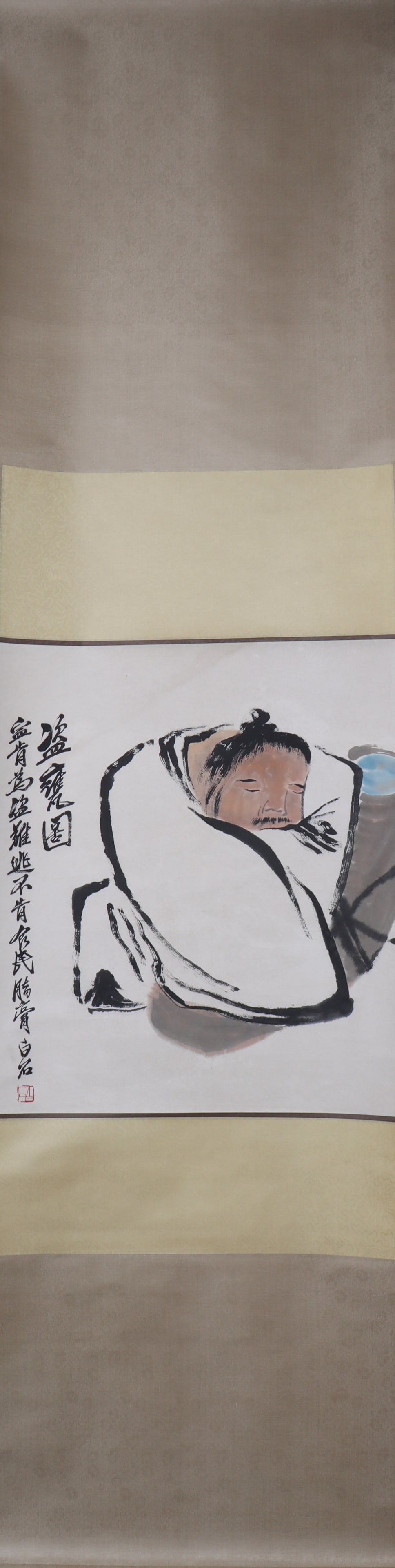 A Chinese Vertical Scroll Ink Painting of Figure on Paper: A Chinese Vertical Scroll Ink Painting of Figure on Paper Qi baishi Size:52cmx45cm (The Dimensions Of All Batches Are Manually Measured.If You Need More Detailed Information, Please Contact Our