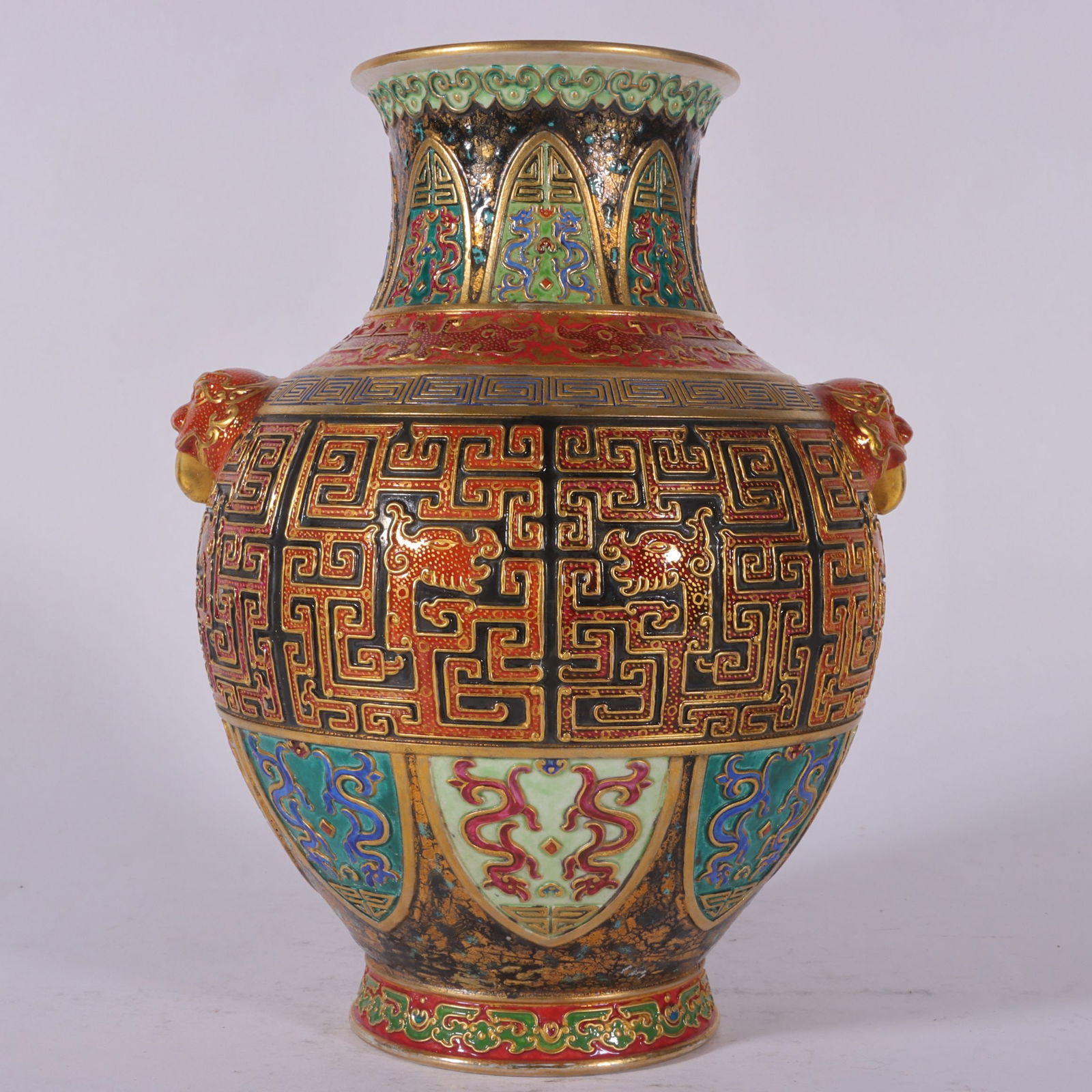 An Exquisite Antique bronze glaze Painted Gold Dragon Pattern Double-Ears Vase (1 of 9)