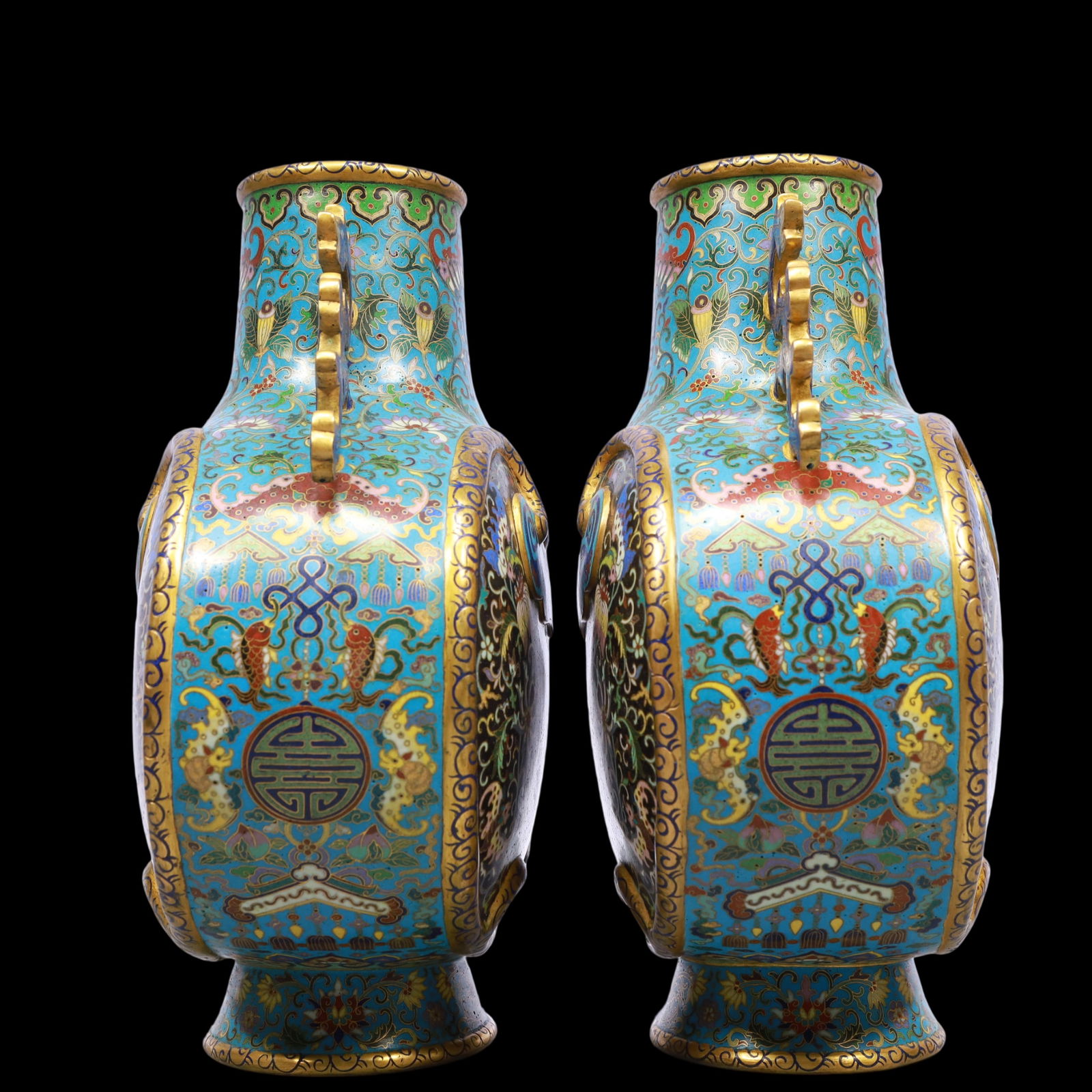 A Exquisite A pair of Cloisonne Lotus Pattern Dragon Pattern Bats and Peach Pattern Double-Ears Vase - 2