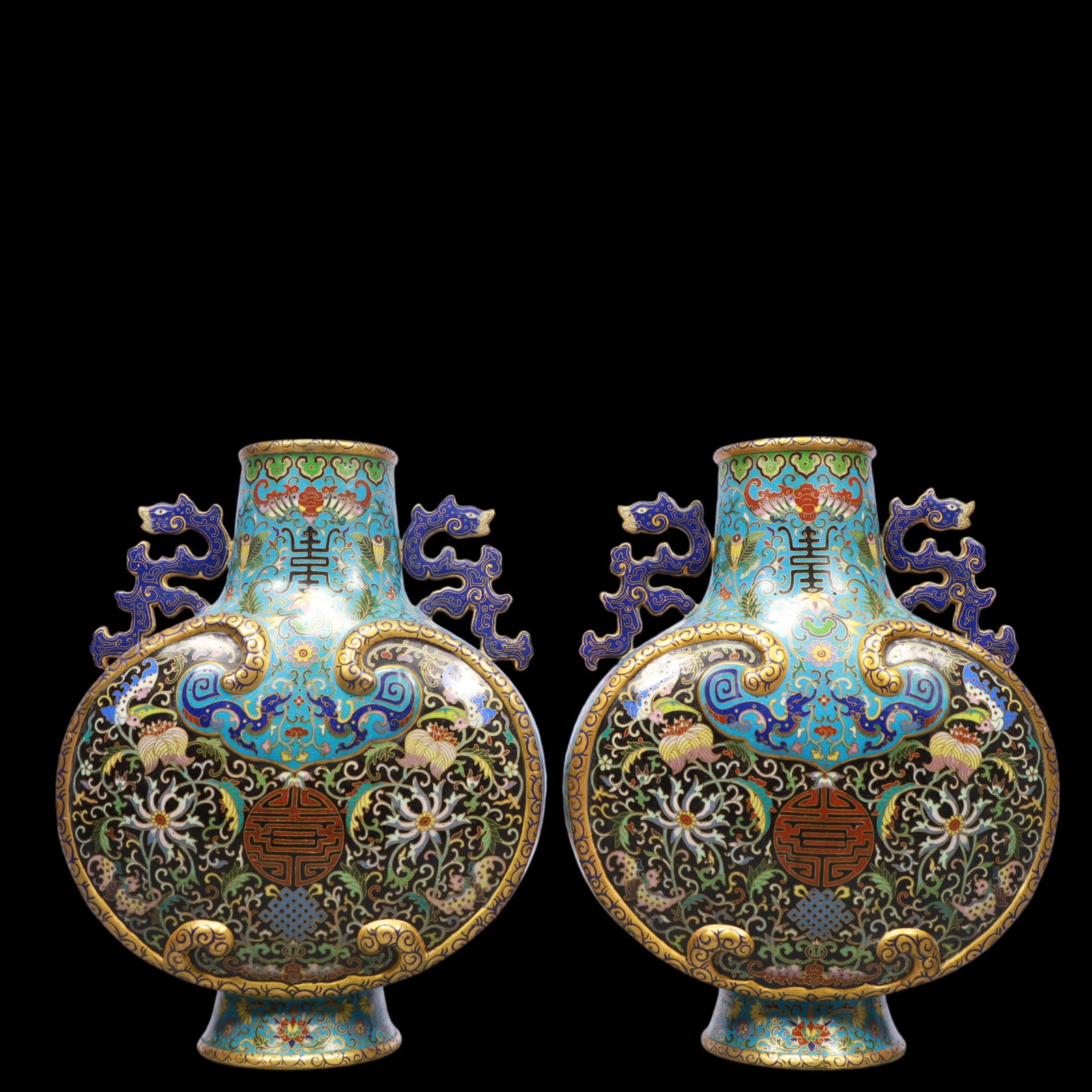 A Exquisite A pair of Cloisonne Lotus Pattern Dragon Pattern Bats and Peach Pattern Double-Ears Vase - 3