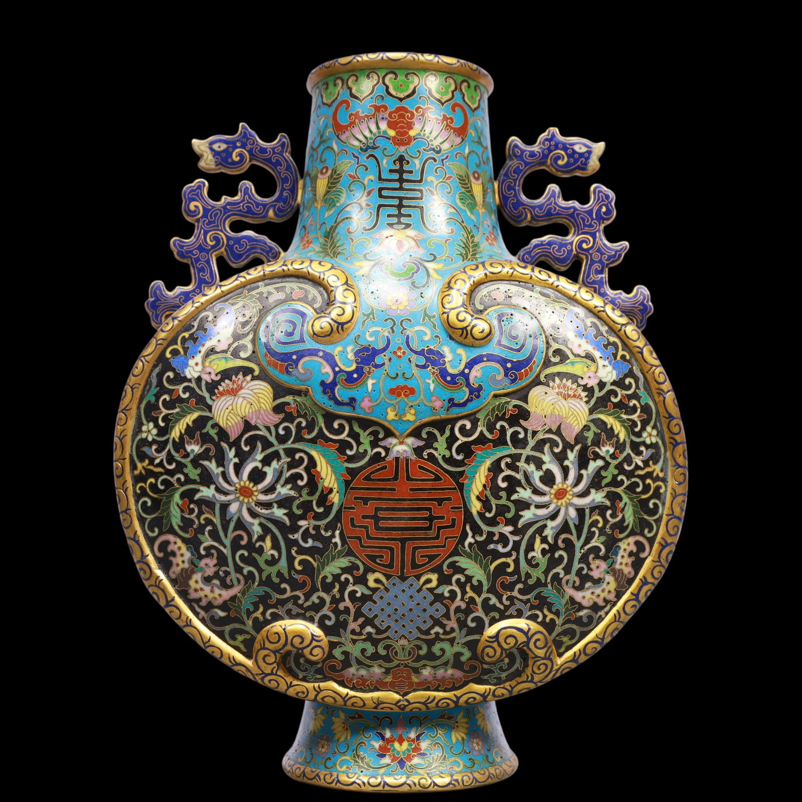 A Exquisite A pair of Cloisonne Lotus Pattern Dragon Pattern Bats and Peach Pattern Double-Ears Vase - 4