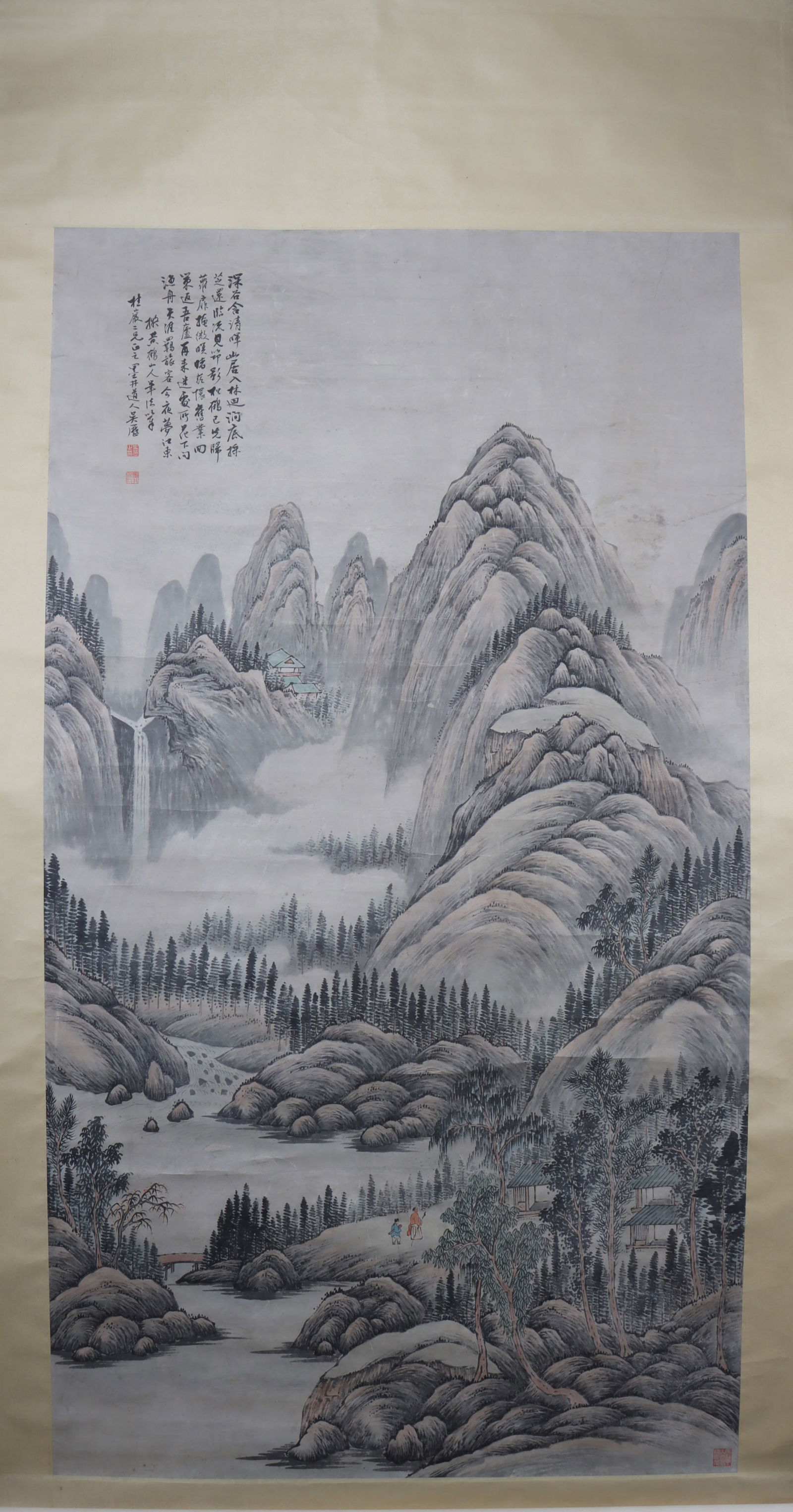A Chinese Vertical Scroll Ink Painting of Landscape on Paper (1 of 5)