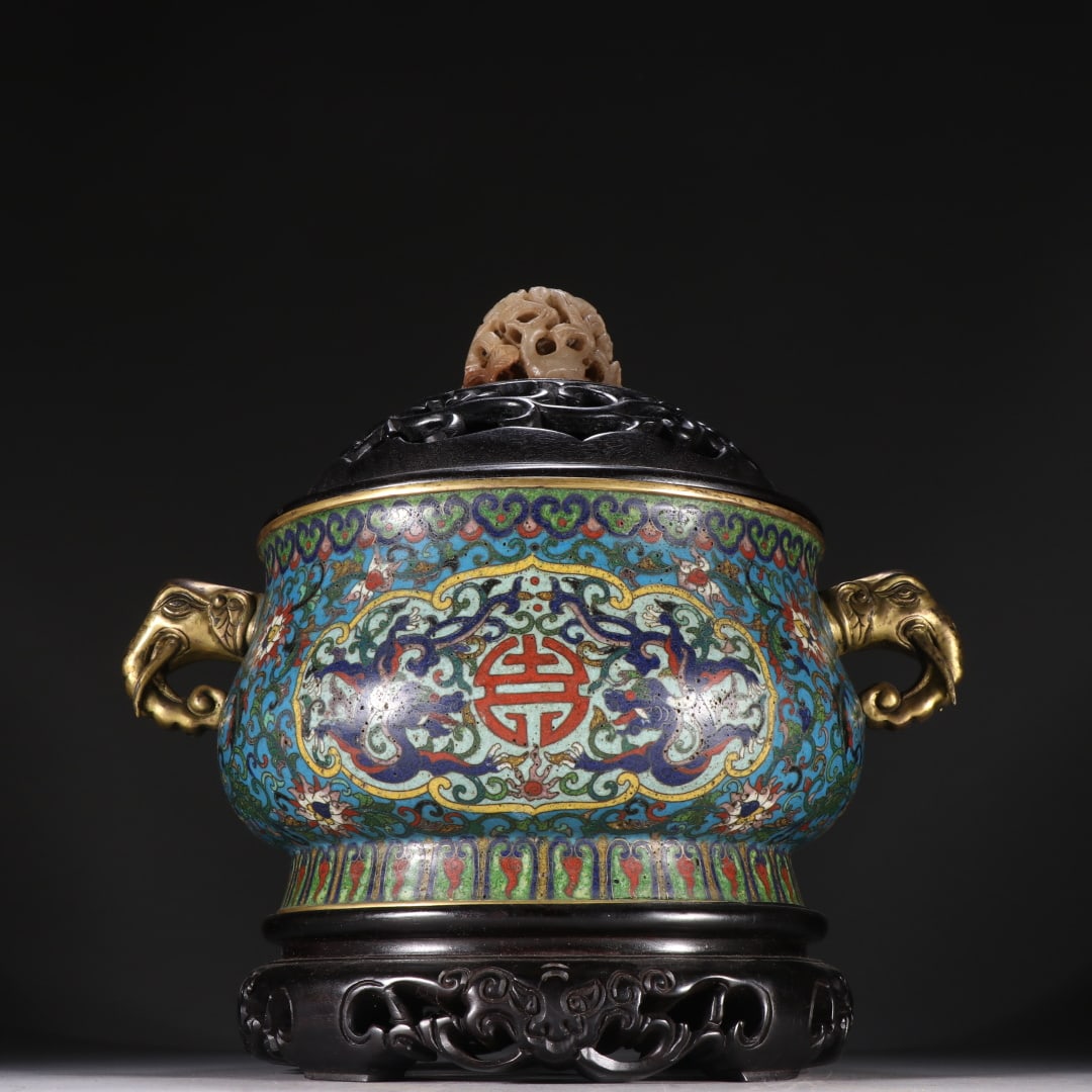 A copper-tired cloisonné elephant head aromatherapy burner from the Qing Dynasty: Qing Dynasty copper tire cloisonné elephant head aromatherapy stove Size:H:24.5cmW:24cmW:1.6376kg (The Dimensions Of All Batches Are Manually Measured.If You Need More Detailed Information, Please Co