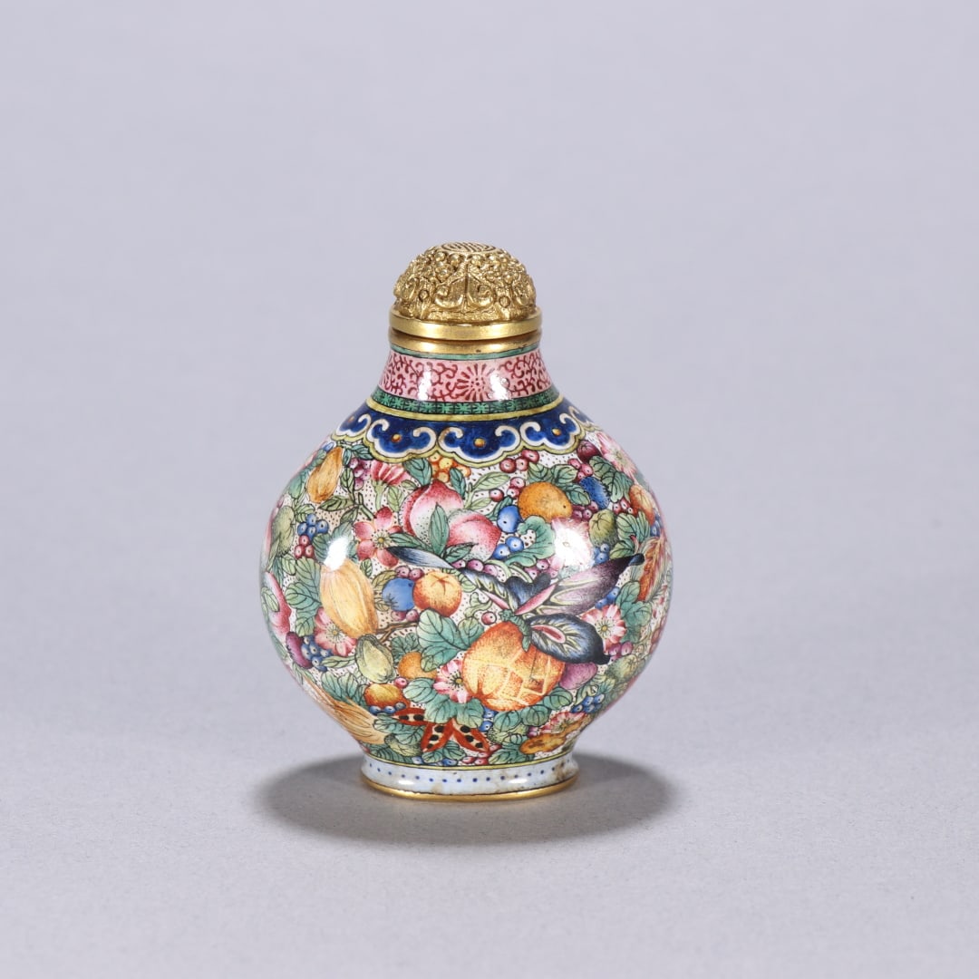 A Qing Dynasty copper tire painting enamel fruit pattern snuff bottle (1 of 9)