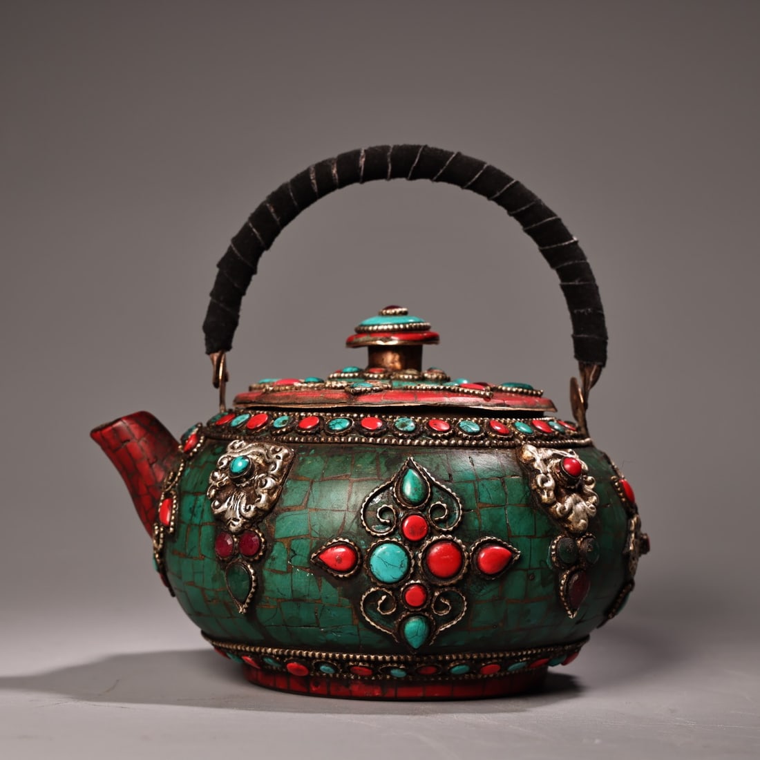 A fine pure copper-encrusted gemstone Tibetan craft butter teapot (1 of 10)