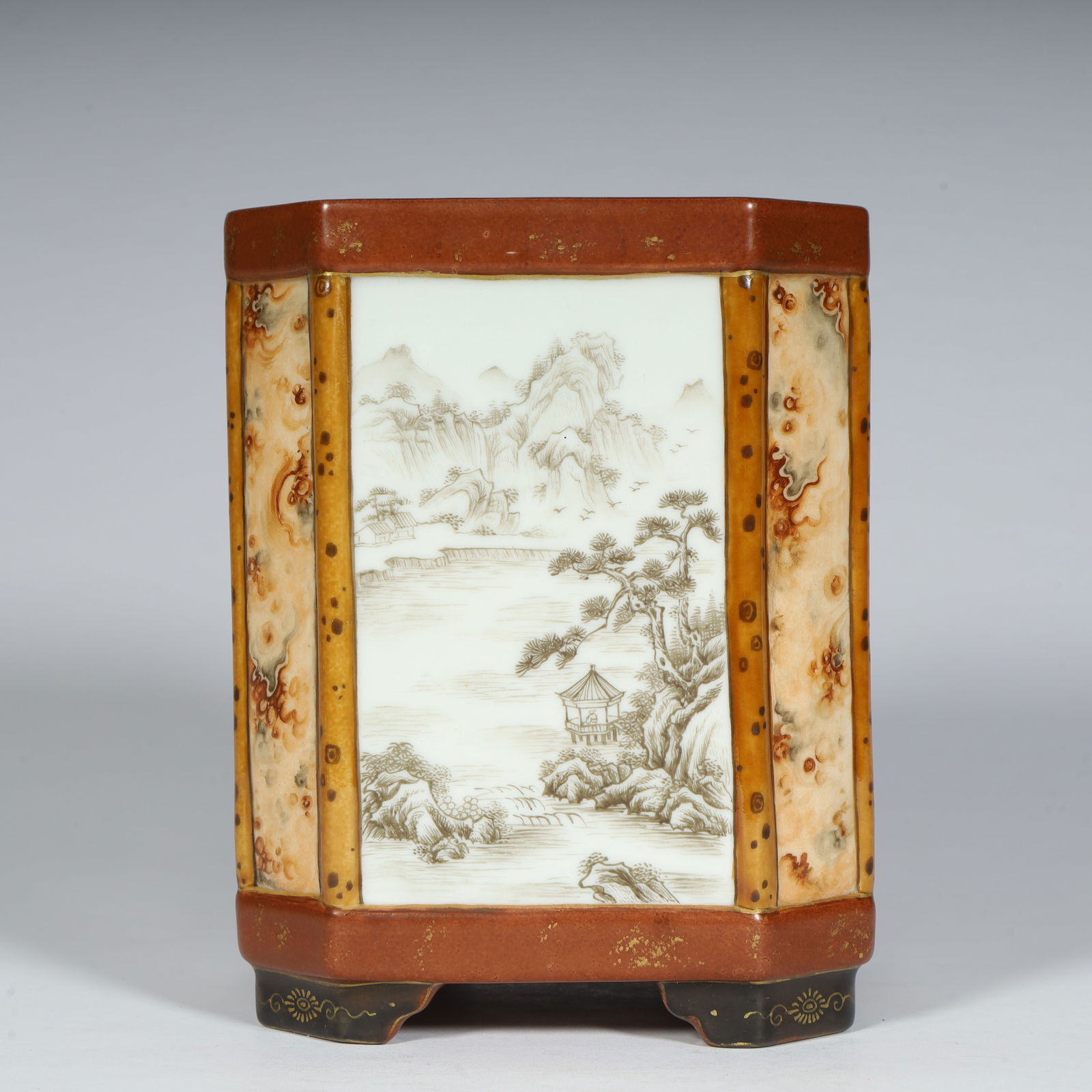 A Qing Dynasty imitation stone pattern glaze consecrated ink color landscape pattern hexagonal pen (1 of 9)