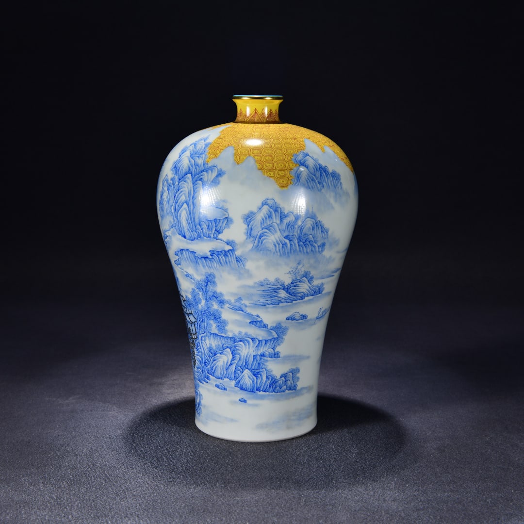 A blue gold painted landscape plum bottle made in the Qianlong period of the Qing Dynasty (1 of 8)