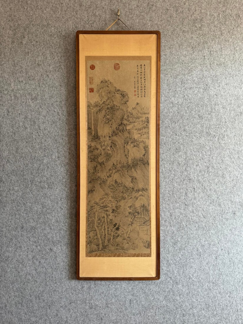 A landscape drawing by Wang Hui imitating Wang Meng with an old frame: Wang Hui's imitation of Wang Meng's landscape drawings with old frames Flowercore:Size:35x108cm (The Dimensions Of All Batches Are Manually Measured.If You Need More Detailed