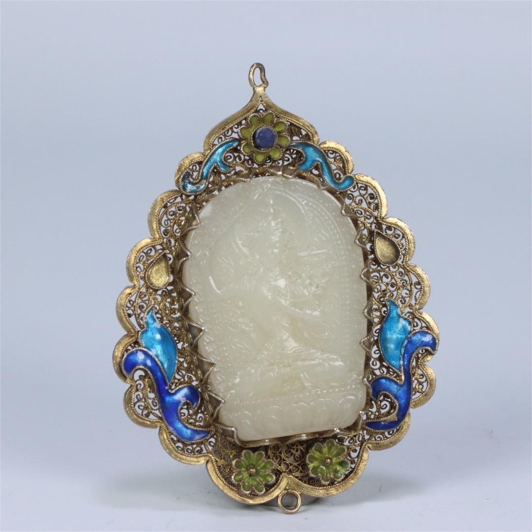 A Qing Dynasty silver-gilt filigree baked blue inlaid Hetian jade Wenshu brand: Qing Dynasty silver gilt filigree baked blue inlaid Hetian jade Wenshu brand Size:8.86.50.96cmW:0.064kg (The Dimensions Of All Batches Are Manually Measured.If You Need More Detailed Information, Plea