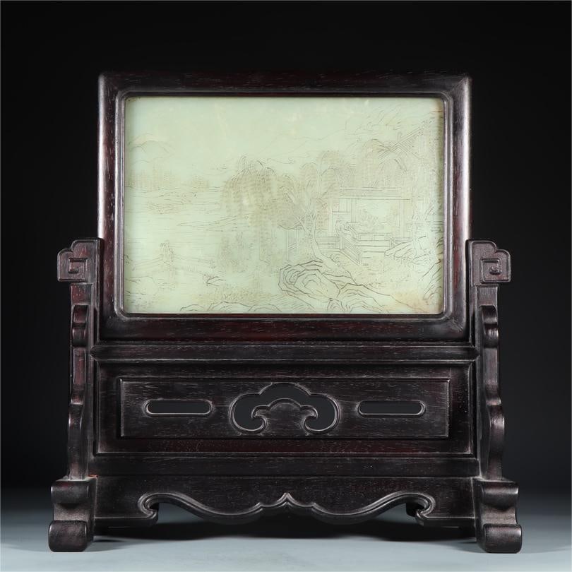 A Qing Dynasty Hetian jade imperial poem insert: The Hetian jade imperial poem insertion of the Qing Dynasty Size:L:30.5cmW:14.5cmH:32.5cmW:1584g (The Dimensions Of All Batches Are Manually Measured.If You Need More Detailed Information, Please Cont