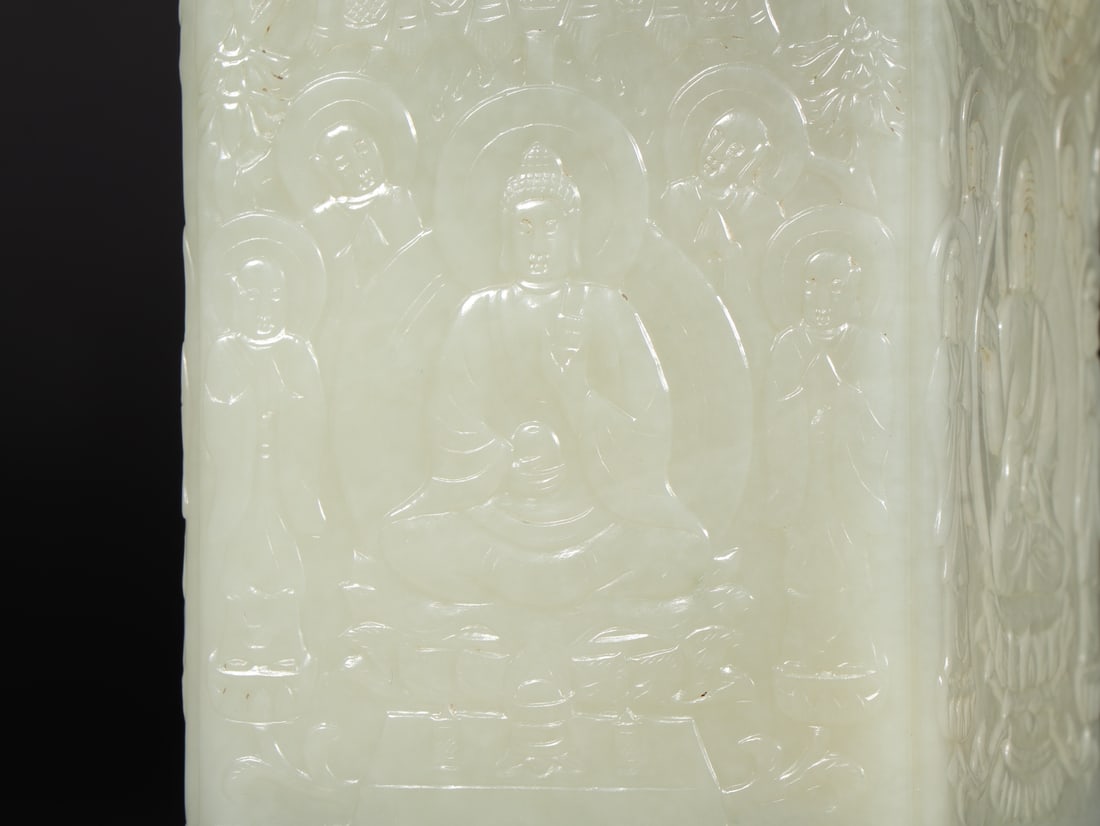 A Han Dynasty Hetian jade seed material Ten Thousand Buddha Dynasty Diagram Pen Holder - 6