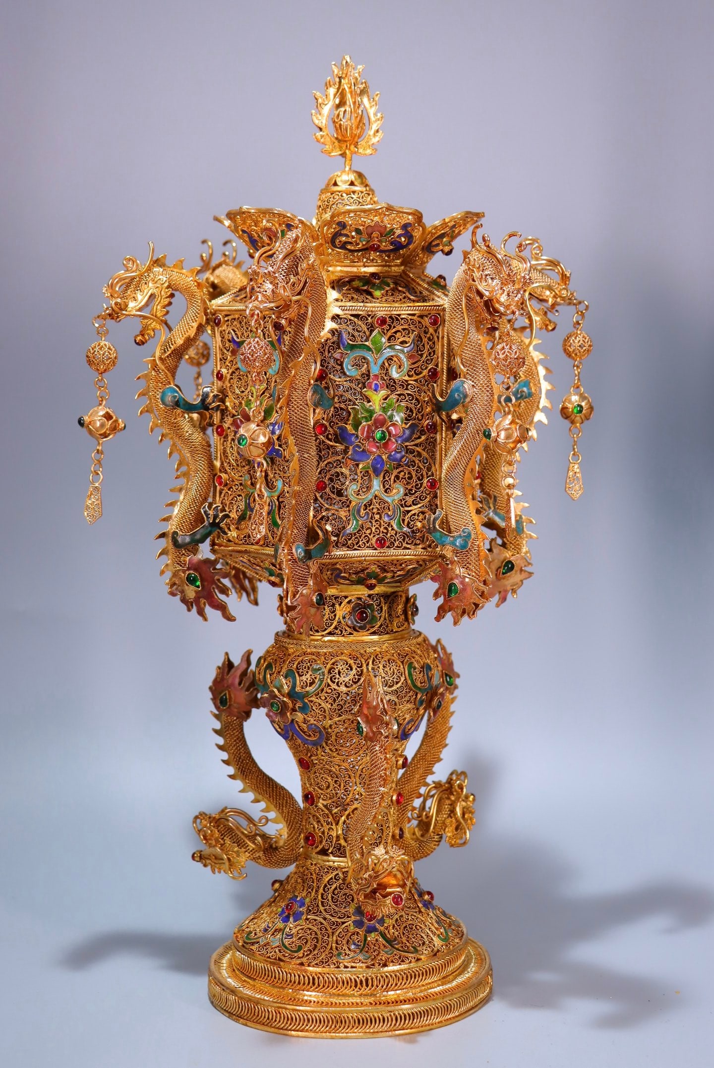 A fine copper gilt filigree inlaid treasure Kowloon Palace lamp (1 of 6)