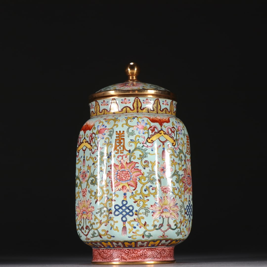 A Qing Dynasty copper gilt painting enamel entwined pattern jar: Qing Dynasty copper gilt painting enamel entwined pattern jar Size:H:13cmW:6.1cmW:0.350kg (The Dimensions Of All Batches Are Manually Measured.If You Need More Detailed Information, Please Contact Our