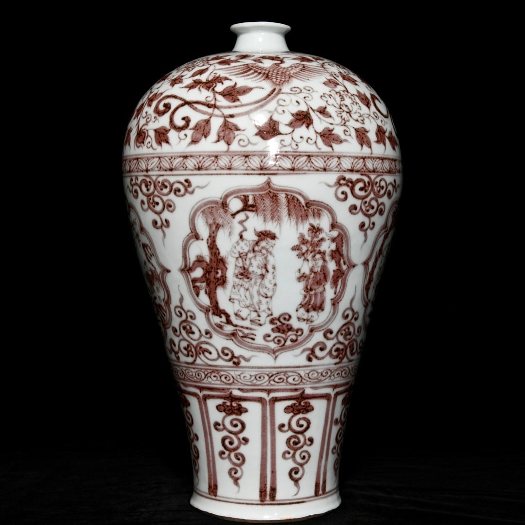A glazed red four love plum bottle from the Yuan Dynasty: Yuan Dynasty glazed red four love plum bottles Size:H:42cmD:25cm (The Dimensions Of All Batches Are Manually Measured.If You Need More Detailed Information, Please Contact Our