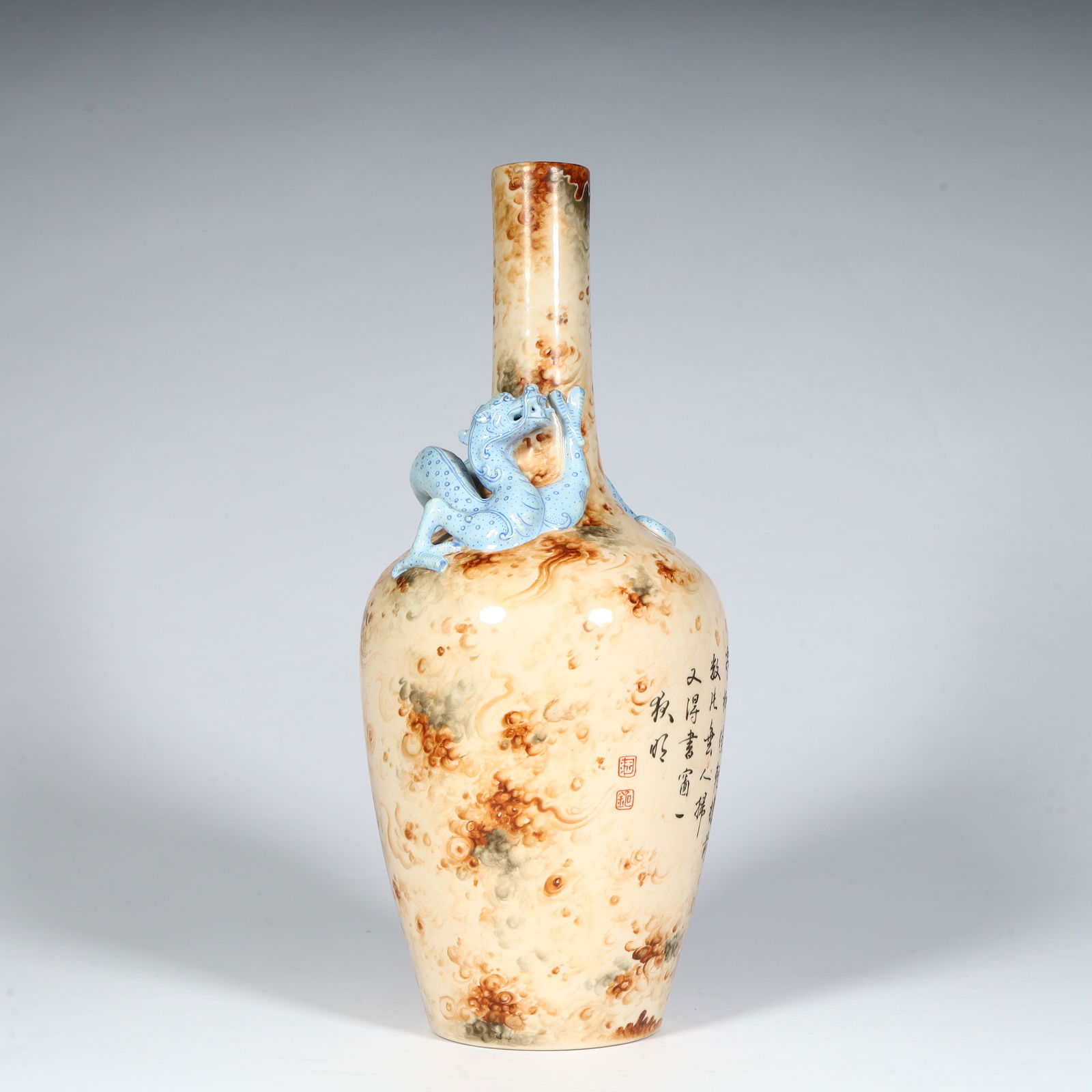 A Qing Dynasty Qianlong imitation stone pattern glazed pastel dragon pattern poetry long neck vase (1 of 12)
