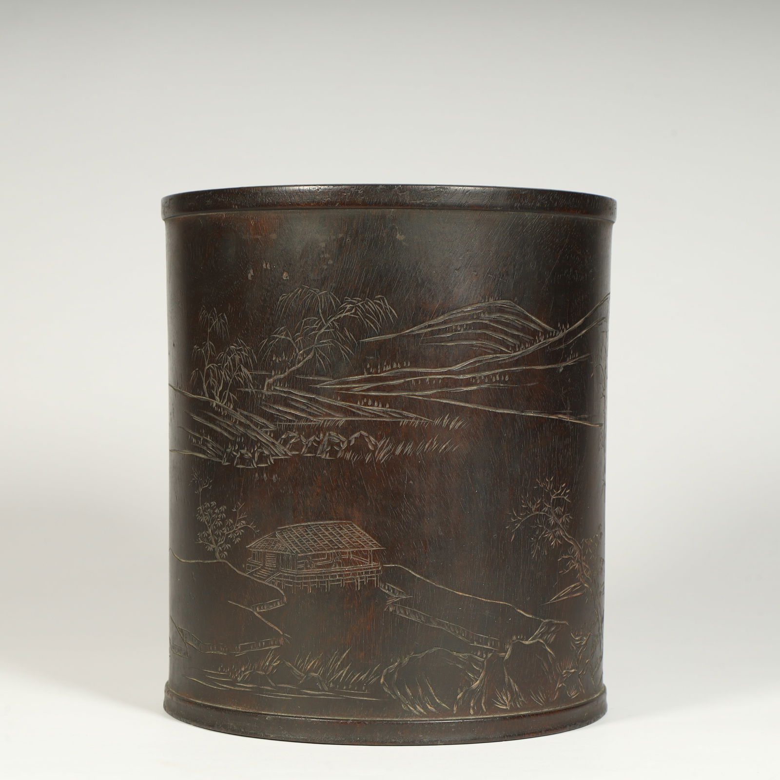 A Qing Dynasty rosewood yin carved landscape poetry pen holder: Qing Dynasty rosewood yin carved landscape poetry pen holder Size:H:17cmL: 15cmW:15cmW:1.2kg (The Dimensions Of All Batches Are Manually Measured.If You Need More Detailed